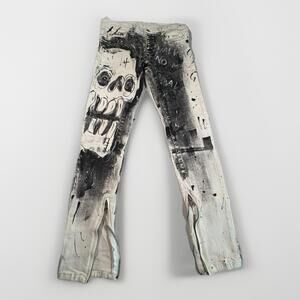 MNML M189 Slim White Black Splatter Edgy Jeans Skeleton Womens 28 Ankle Zips(A9)